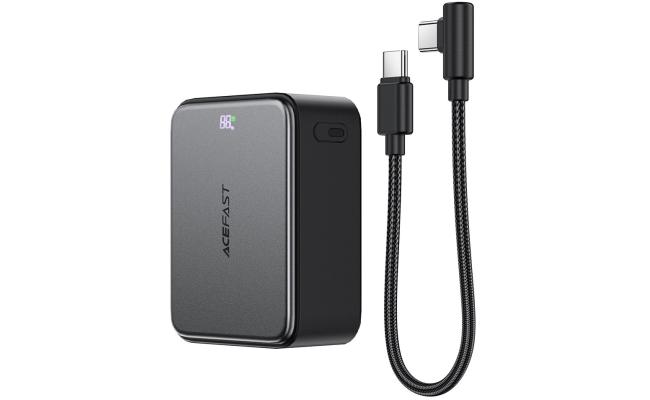 ACEFAST M28 10000mAh Power Bank LED digital display of battery charge level 22.5W Fast Charging 2 Type-C + USB-A Phone Charger with Cable - Gray